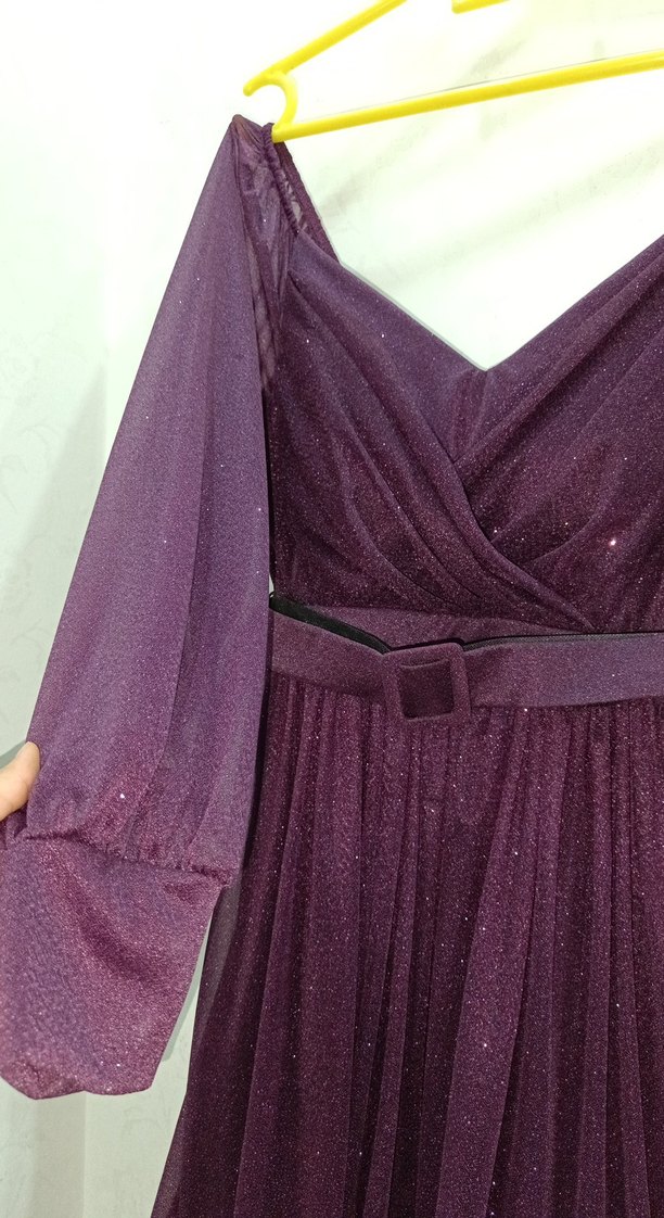 Mor Uzun Kollu Drapeli Kadın Abiye Elbise - Görsel 4