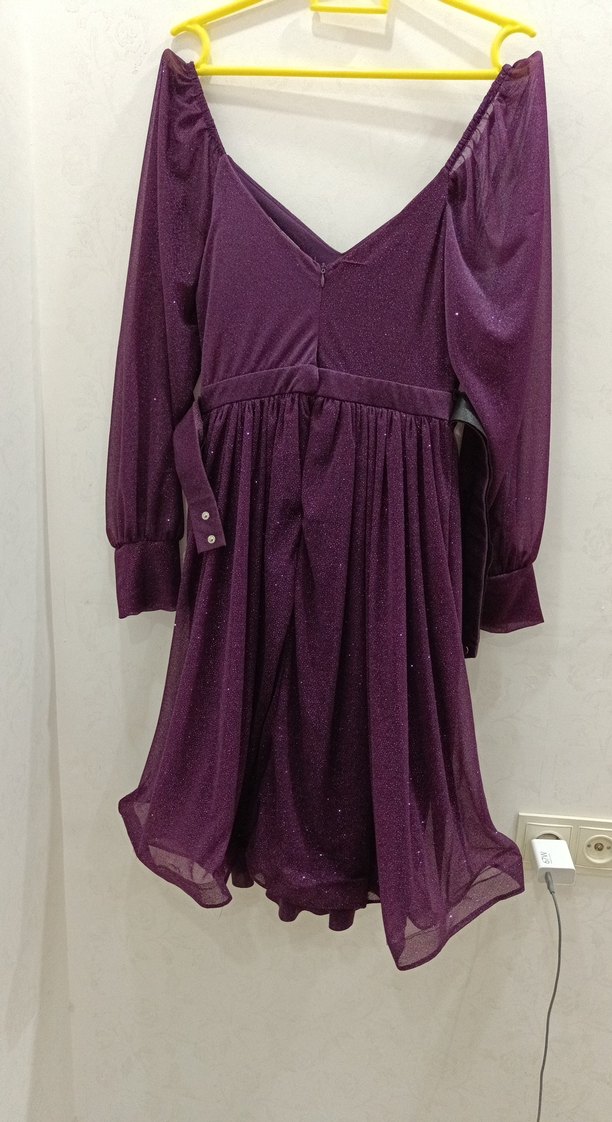 Mor Uzun Kollu Drapeli Kadın Abiye Elbise - Görsel 5