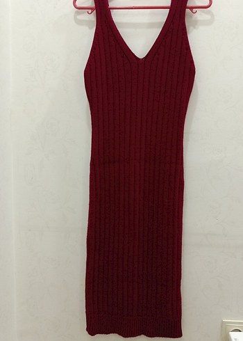 Bordo V Yakalı diz üstü Triko Elbise - Görsel 4