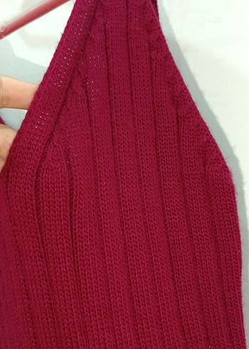 Bordo V Yakalı diz üstü Triko Elbise - Görsel 5