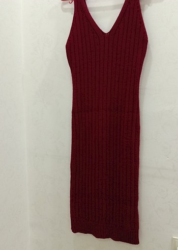 Bordo V Yakalı diz üstü Triko Elbise - Görsel 2