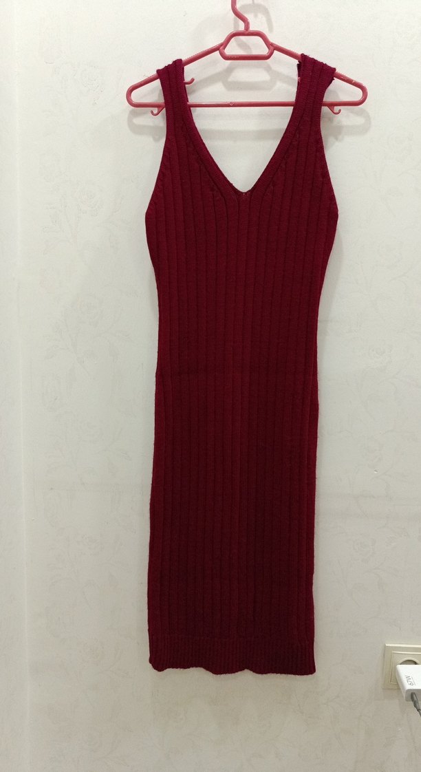 Bordo V Yakalı diz üstü Triko Elbise - Görsel 4