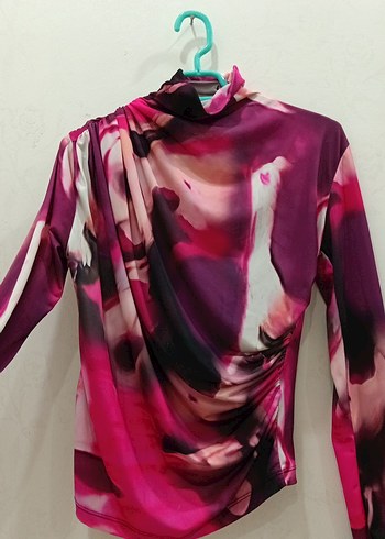 Pembe Yüksek Yakalı Uzun Kollu Drapeli Bluz - Görsel 2