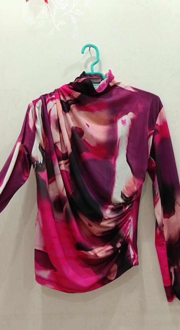 Pembe Yüksek Yakalı Uzun Kollu Drapeli Bluz - Görsel 2