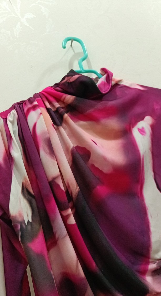 Pembe Yüksek Yakalı Uzun Kollu Drapeli Bluz - Görsel 4