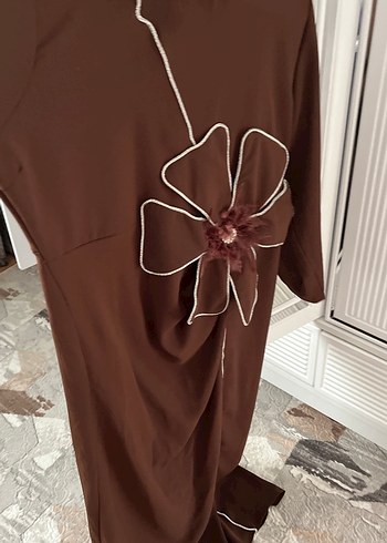Kahverengi Nakışlı Kadın Uzun Elbise - Görsel 7