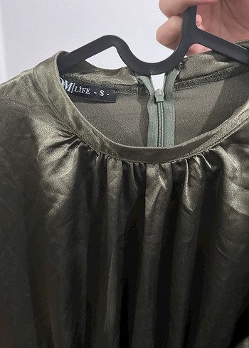 Uzun Kollu Yüksek Yakalı Salaş Saten Elbise - Görsel 5