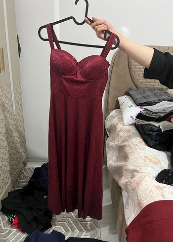 Bordo Simli Uzun Abiye Elbise - Görsel 4