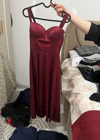 Bordo Simli Uzun Abiye Elbise - Görsel 5