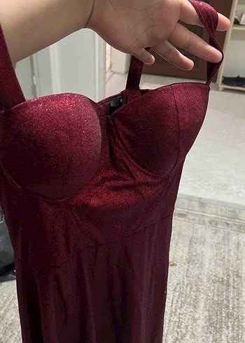Bordo Simli Uzun Abiye Elbise - Görsel 9