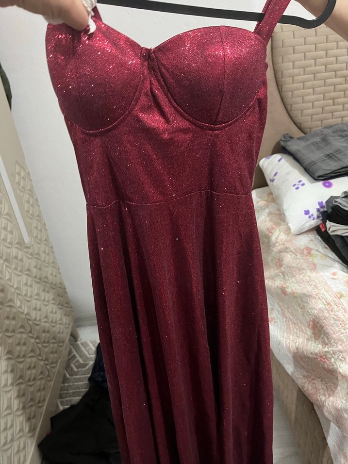 Bordo Simli Uzun Abiye Elbise - Görsel 2