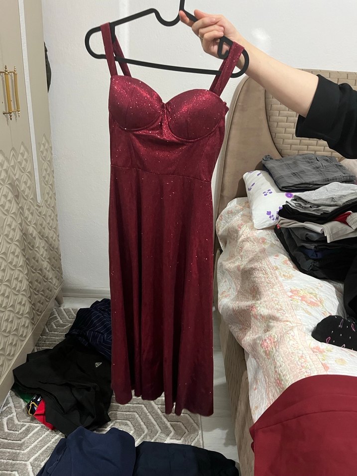 Bordo Simli Uzun Abiye Elbise - Görsel 5