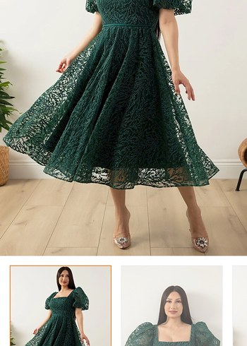 Yeşil Dantel Midi Abiye Elbise - Görsel 3