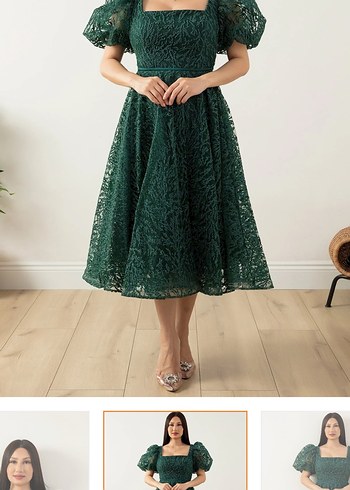 Yeşil Dantel Midi Abiye Elbise - Görsel 2