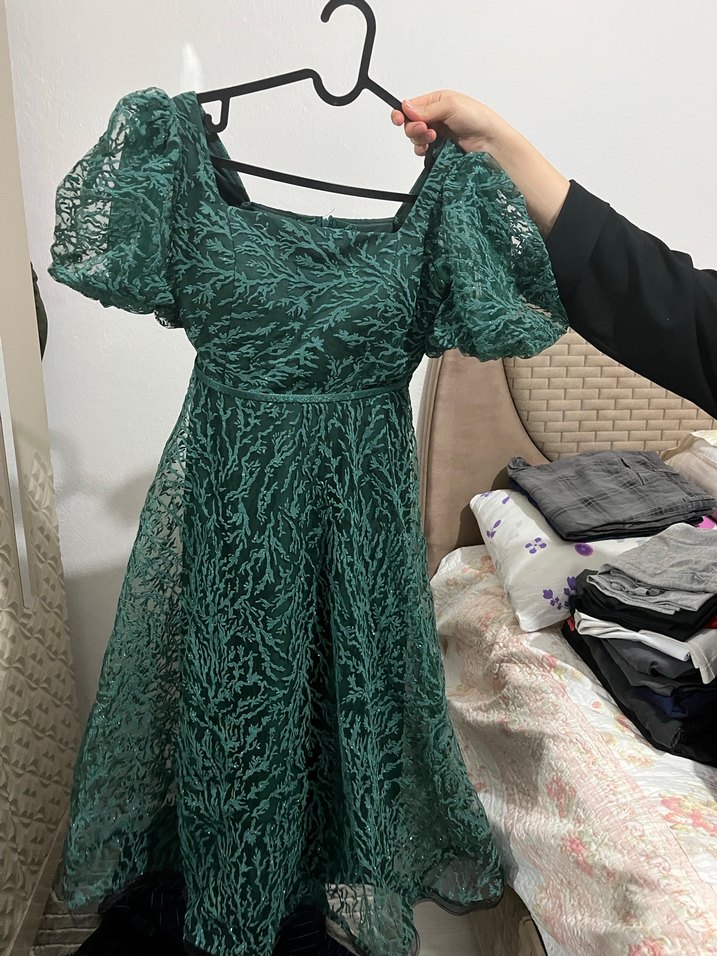 Yeşil Dantel Midi Abiye Elbise - Görsel 5