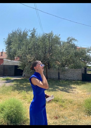 Mavi Saten Midi Elbise, Yüksek Yaka, Drapeli - Görsel 7