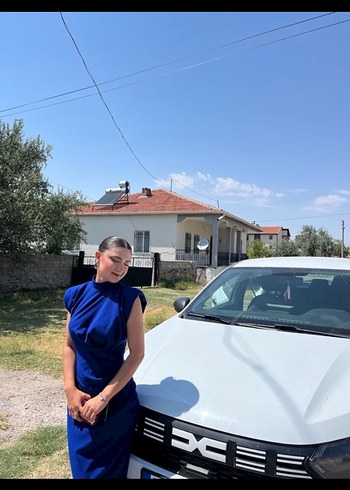 Mavi Saten Midi Elbise, Yüksek Yaka, Drapeli - Görsel 6