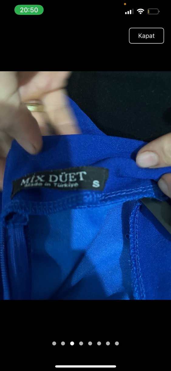 Mavi Saten Midi Elbise, Yüksek Yaka, Drapeli - Görsel 3