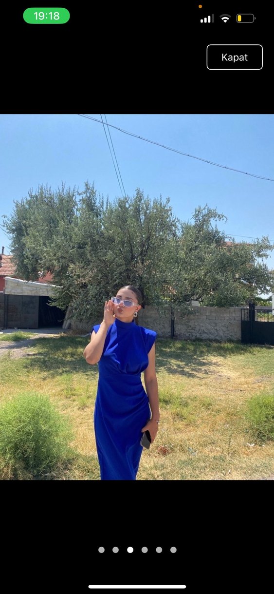 Mavi Saten Midi Elbise, Yüksek Yaka, Drapeli - Görsel 5