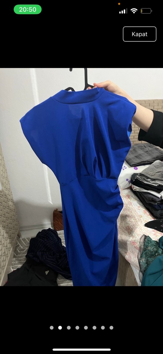 Mavi Saten Midi Elbise, Yüksek Yaka, Drapeli - Görsel 2