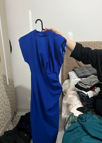 Drapeli Kolsuz Midi Mavi Elbise - Görsel 2