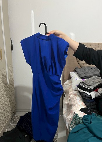 Drapeli Kolsuz Midi Mavi Elbise - Görsel 3