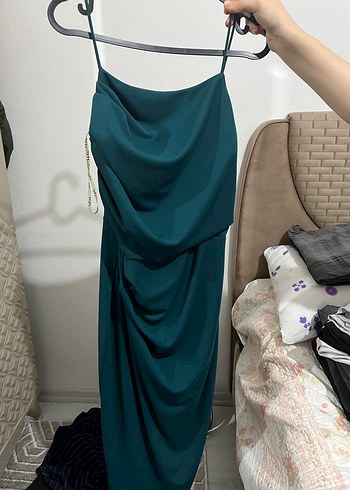 Drapeli Kolsuz Midi Mavi Elbise - Görsel 5