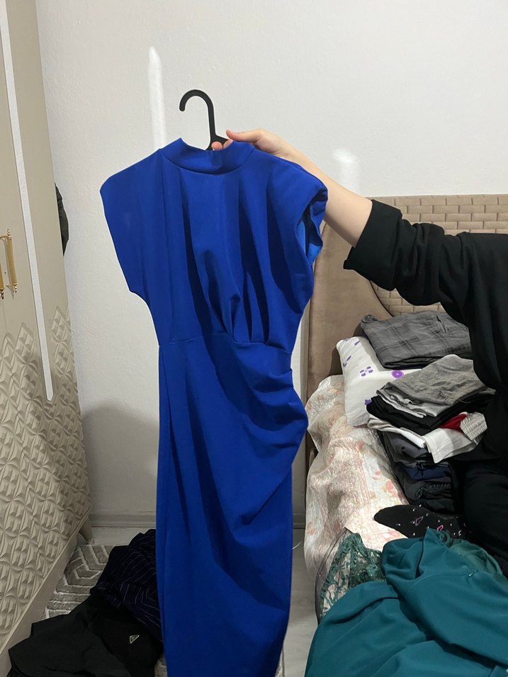 Drapeli Kolsuz Midi Mavi Elbise - Görsel 2