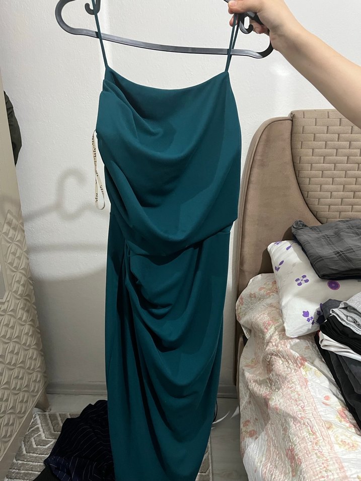 Drapeli Kolsuz Midi Mavi Elbise - Görsel 5