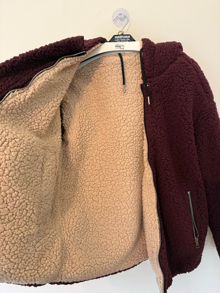 Bordo Kapüşonlu Fermuarlı Kadın Ceket - Görsel 3