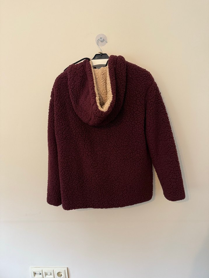 Bordo Kapüşonlu Fermuarlı Kadın Ceket - Görsel 2