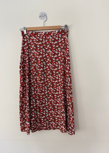Drapeli Kırmızı Bağlama Desenli Midi Etek - Görsel 3