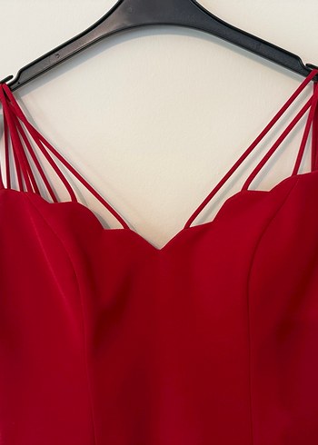 Kırmızı Drapeli Mini V Yaka Abiye Elbise - Görsel 6