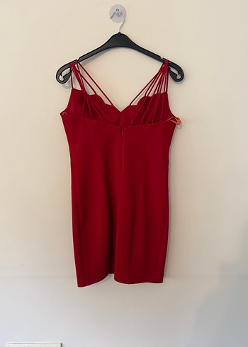 Kırmızı Drapeli Mini V Yaka Abiye Elbise - Görsel 2