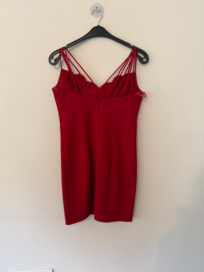 Kırmızı Drapeli Mini V Yaka Abiye Elbise - Görsel 2