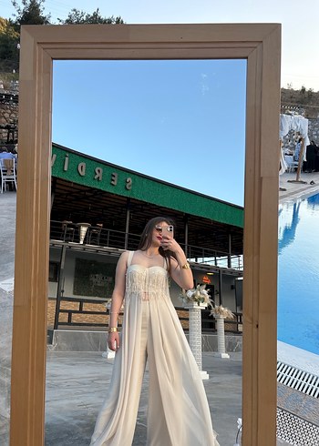 Bej Transparan Bohem Straplez Uzun alt üst ayrı tulum abiye - Görsel 2