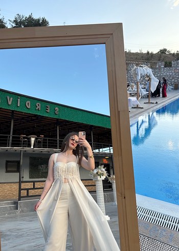 Bej Transparan Bohem Straplez Uzun alt üst ayrı tulum abiye - Görsel 3