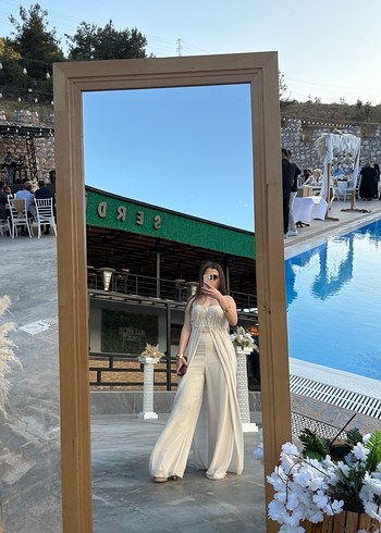 Bej Transparan Bohem Straplez Uzun alt üst ayrı tulum abiye - Görsel 4