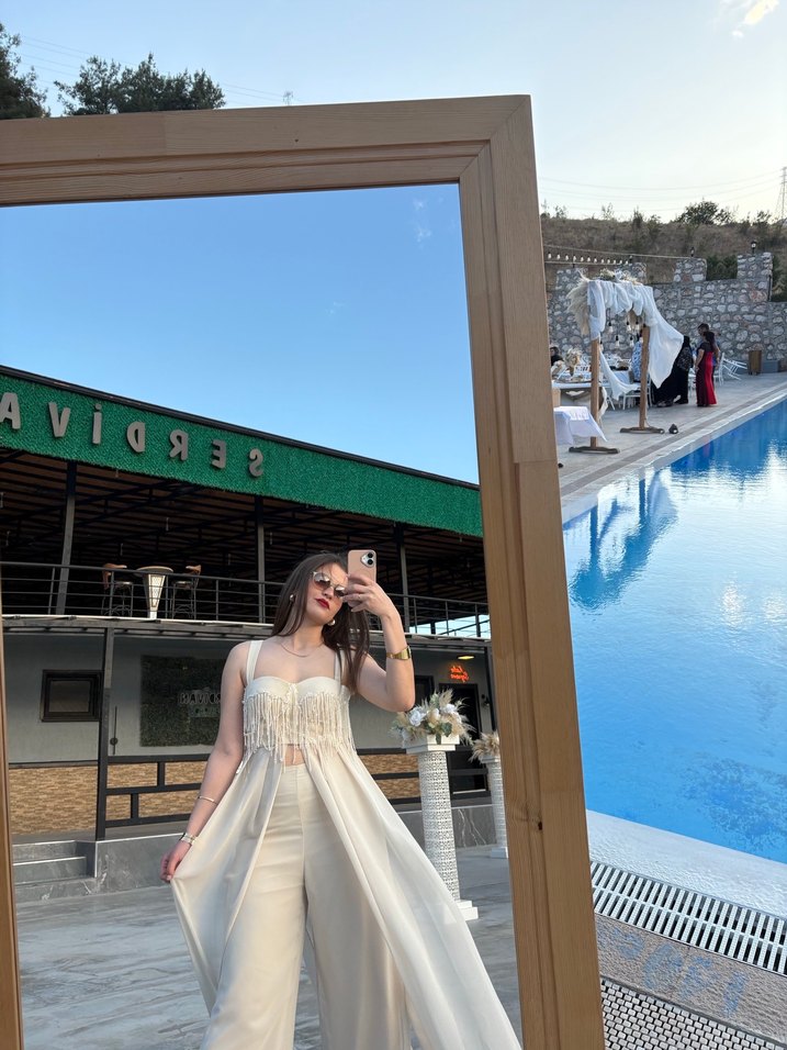 Bej Transparan Bohem Straplez Uzun alt üst ayrı tulum abiye - Görsel 3