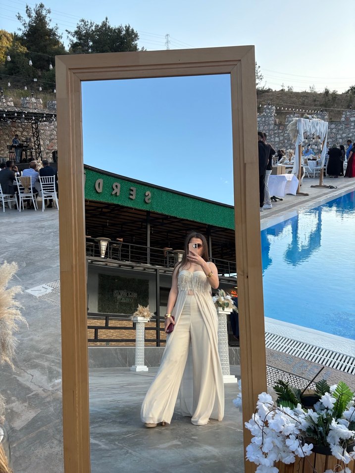 Bej Transparan Bohem Straplez Uzun alt üst ayrı tulum abiye - Görsel 4