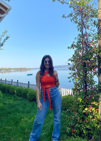 Turuncu Batik Desenli Bol Kesim Midi Kadın Kot Pantolon - Görsel 2