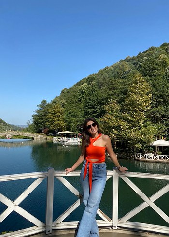 Turuncu Batik Desenli Bol Kesim Midi Kadın Kot Pantolon - Görsel 3