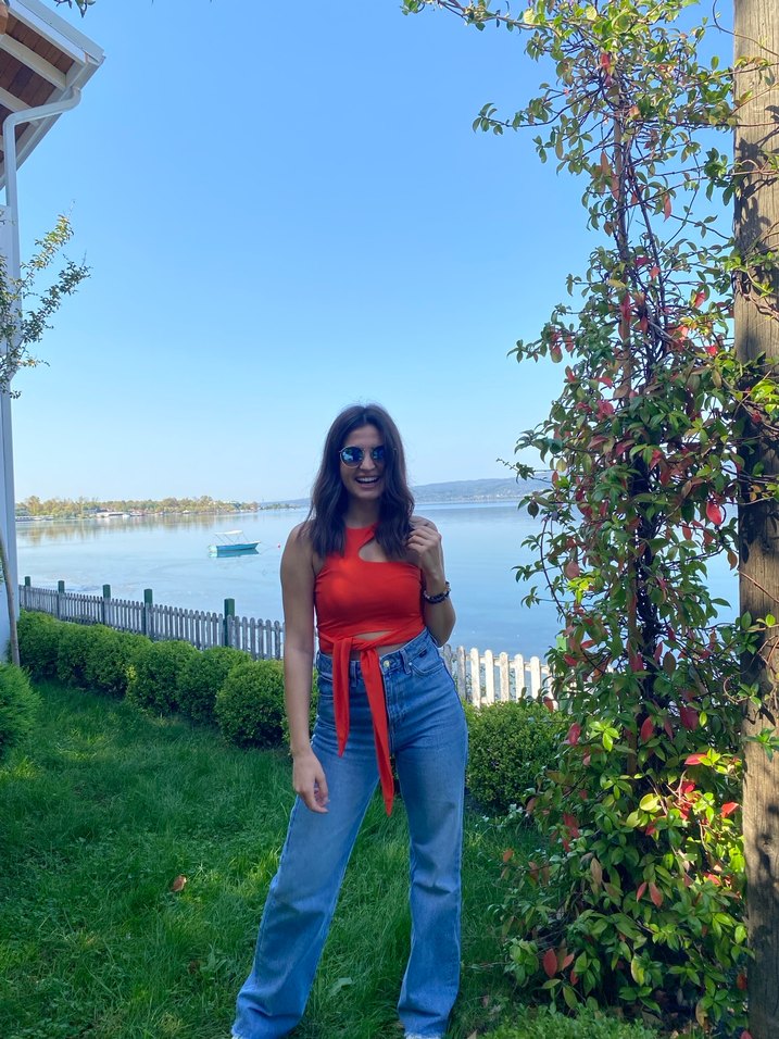 Turuncu Batik Desenli Bol Kesim Midi Kadın Kot Pantolon - Görsel 2