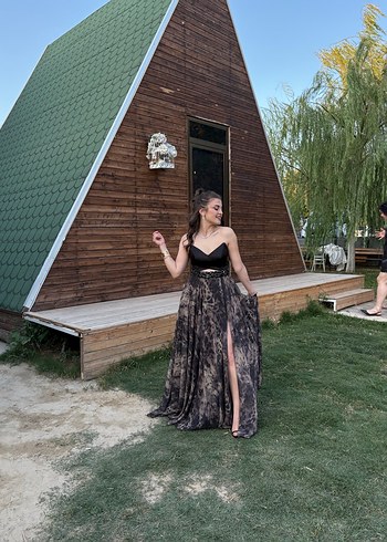 Uzun Kahverengi Drapeli Straplez Bohem Elbise - Görsel 3