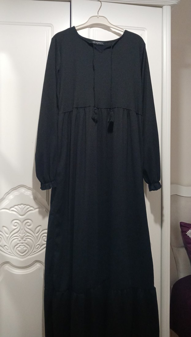 Siyah Uzun Kollu Salaş Keten Elbise - Görsel 3