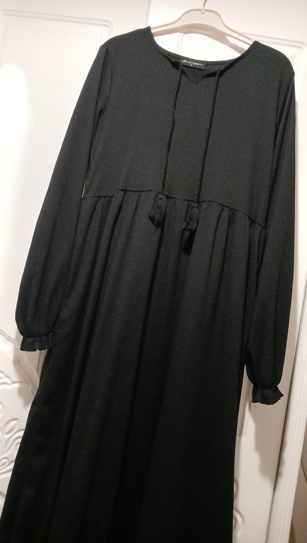 Siyah Uzun Kollu Salaş Keten Elbise - Görsel 2