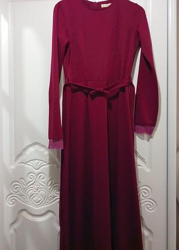 Bordo Uzun Kollu Drapeli Uzun Elbise - Görsel 2