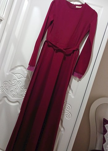 Bordo Uzun Kollu Drapeli Uzun Elbise - Görsel 5