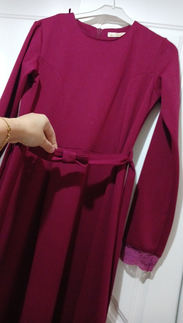 Bordo Uzun Kollu Drapeli Uzun Elbise - Görsel 4