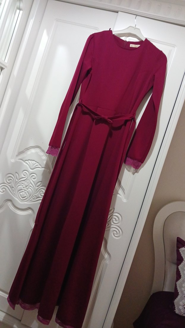 Bordo Uzun Kollu Drapeli Uzun Elbise - Görsel 5